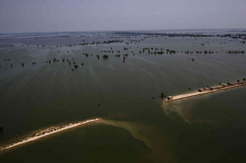 Land washed away by flooding is seen from a Pakistan Army helicopter during relief operations on September 13, 2010 in the village of Goza in Dadu district in Sindh province, Pakistan.