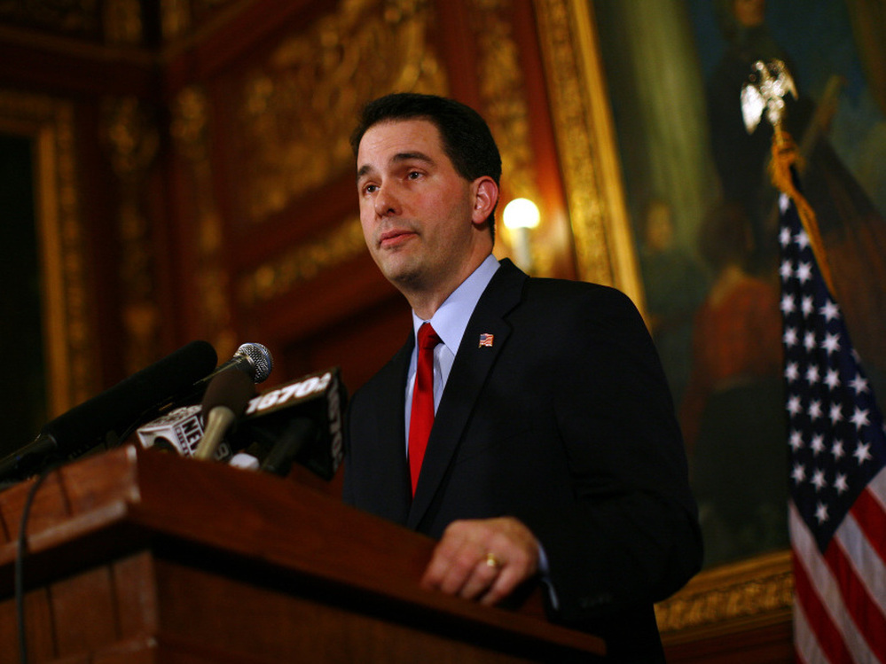 Republican Gov. Scott Walker speaks at a news conference inside the Wisconsin State Capitol on Monday.