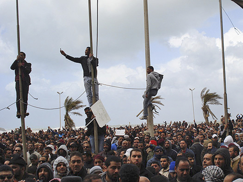 This photograph obtained by The Associated Press reportedly shows people gathering in Benghazi, Libya. The content, location and date of the photo could not be independently verified.