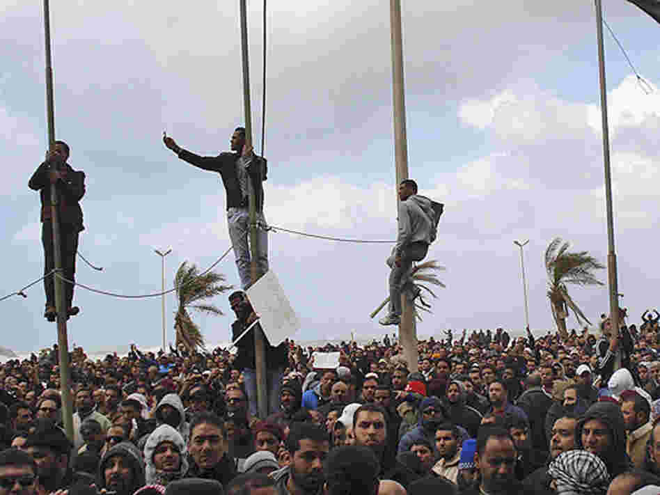 This photograph obtained by The Associated Press reportedly shows people gathering in Benghazi, Libya. The content, location and date of the photo could not be independently verified.
