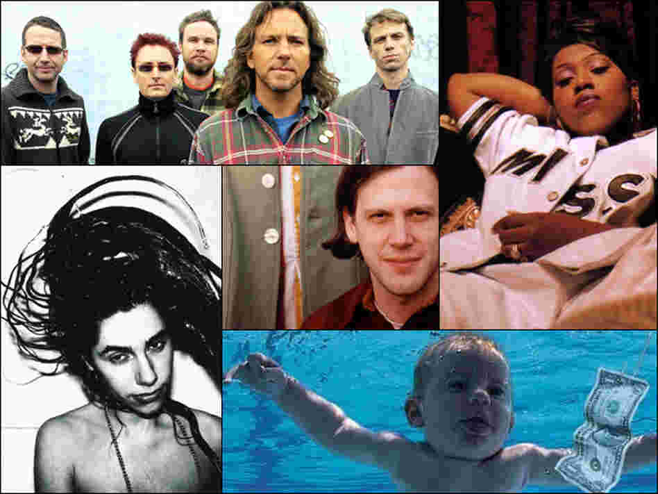 Pearl Jam (top left), Missy Elliott (top right), the cover of Nirvana's Nevermind (bottom right), PJ Harvey (bottom left), Jeff Mangum of Neutral Milk Hotel (center). Pearl Jam (top left), Missy Elliott (top right), the cover of Nirvana's Nevermind (bottom right), PJ Harvey (bottom left), Jeff Mangum of Neutral Milk Hotel (center).