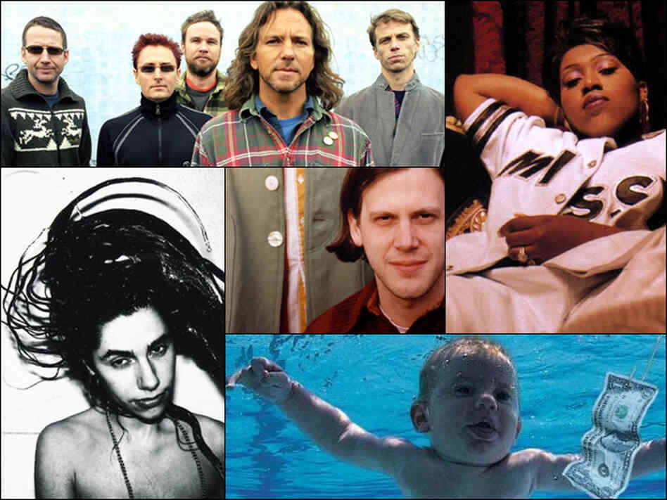 Pearl Jam (top left), Missy Elliott (top right), the cover of Nirvana's Nevermind (bottom right), PJ Harvey (bottom left), Jeff Mangum of Neutral Milk Hotel (center). Pearl Jam (top left), Missy Elliott (top right), the cover of Nirvana's Nevermind (bottom right), PJ Harvey (bottom left), Jeff Mangum of Neutral Milk Hotel (center).