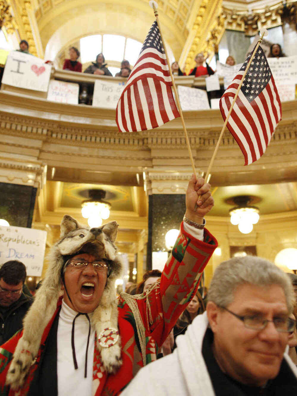 Pro-union protesters inside the Wisconsin State Capitol on Monday.