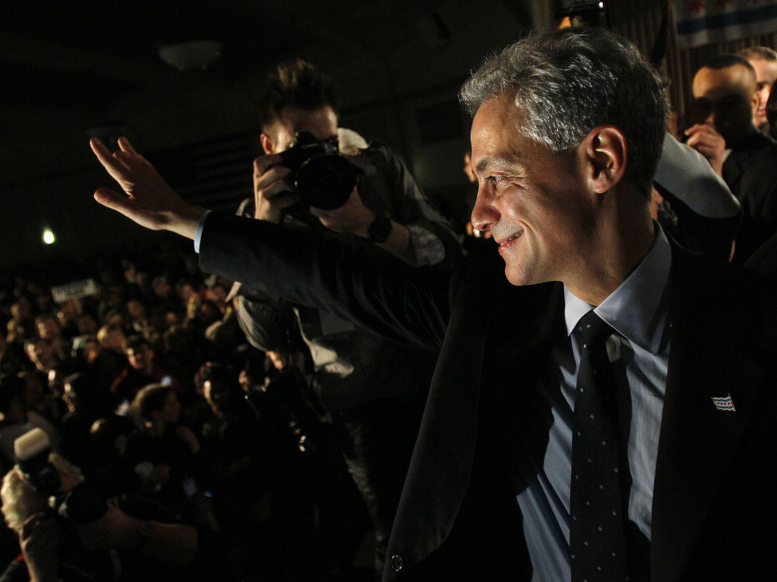 Chicago Mayor-elect Rahm Emanuel smiles at the crowd after winning the mayoral race Tuesday, Feb. 22, 2011.
