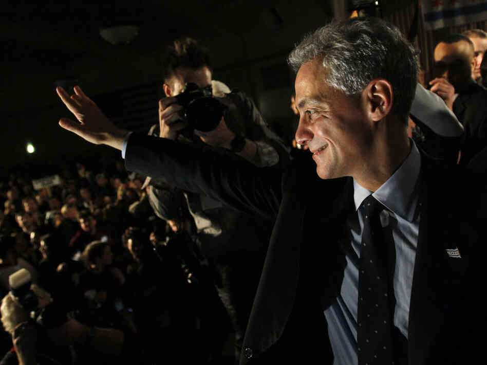 Chicago Mayor-elect Rahm Emanuel smiles at the crowd after winning the mayoral race Tuesday, Feb. 22, 2011.