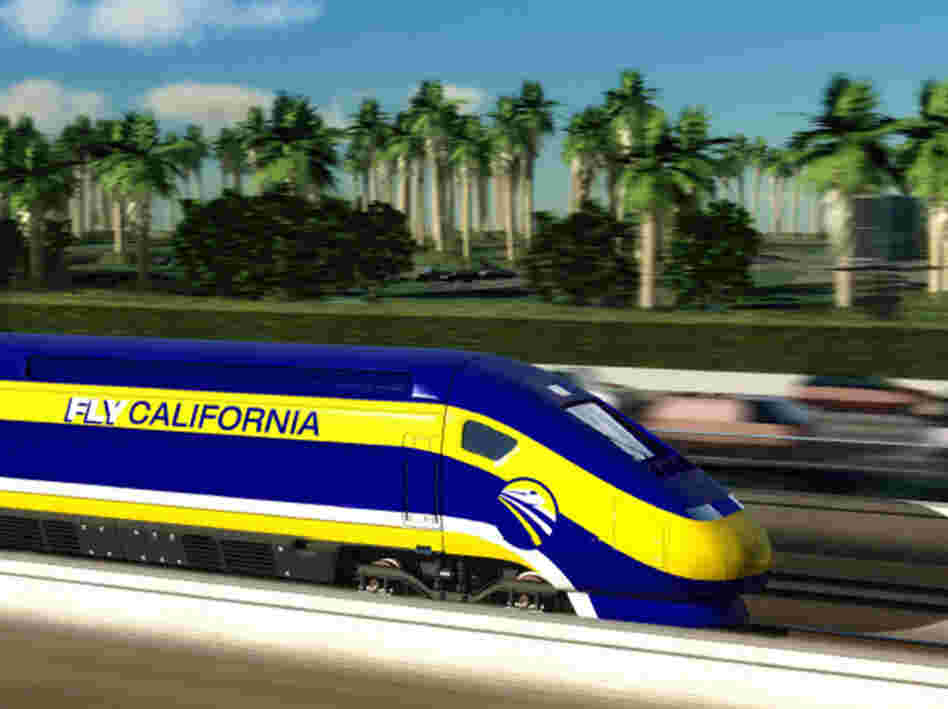 An artist's conception of a high-speed rail car in California. A proposal to build the first segment of California's high-speed rail through the state's agricultural heart is raising questions.