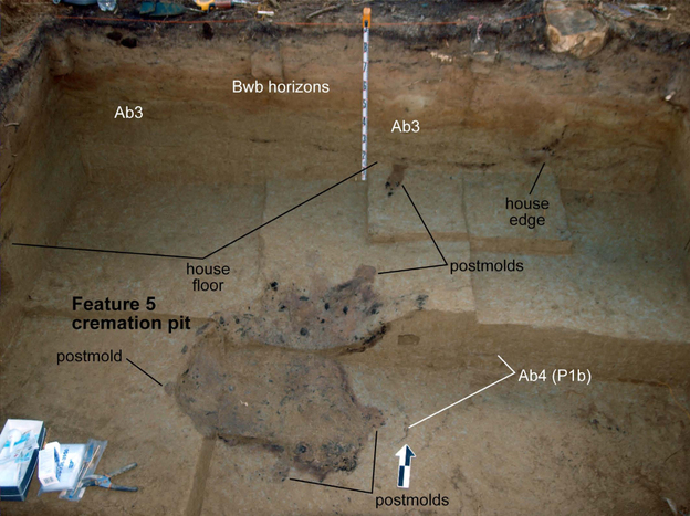 A photograph of the excavated burial site, with annotations by the researchers. In the center is the cooking hearth, where a 3-year-old child was cremated before the home was abandoned.