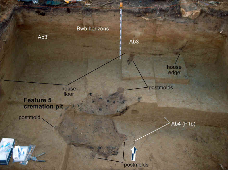 A photograph of the excavated burial site, with annotations by the researchers. In the center is the cooking hearth, where a 3-year-old child was cremated before the home was abandoned.