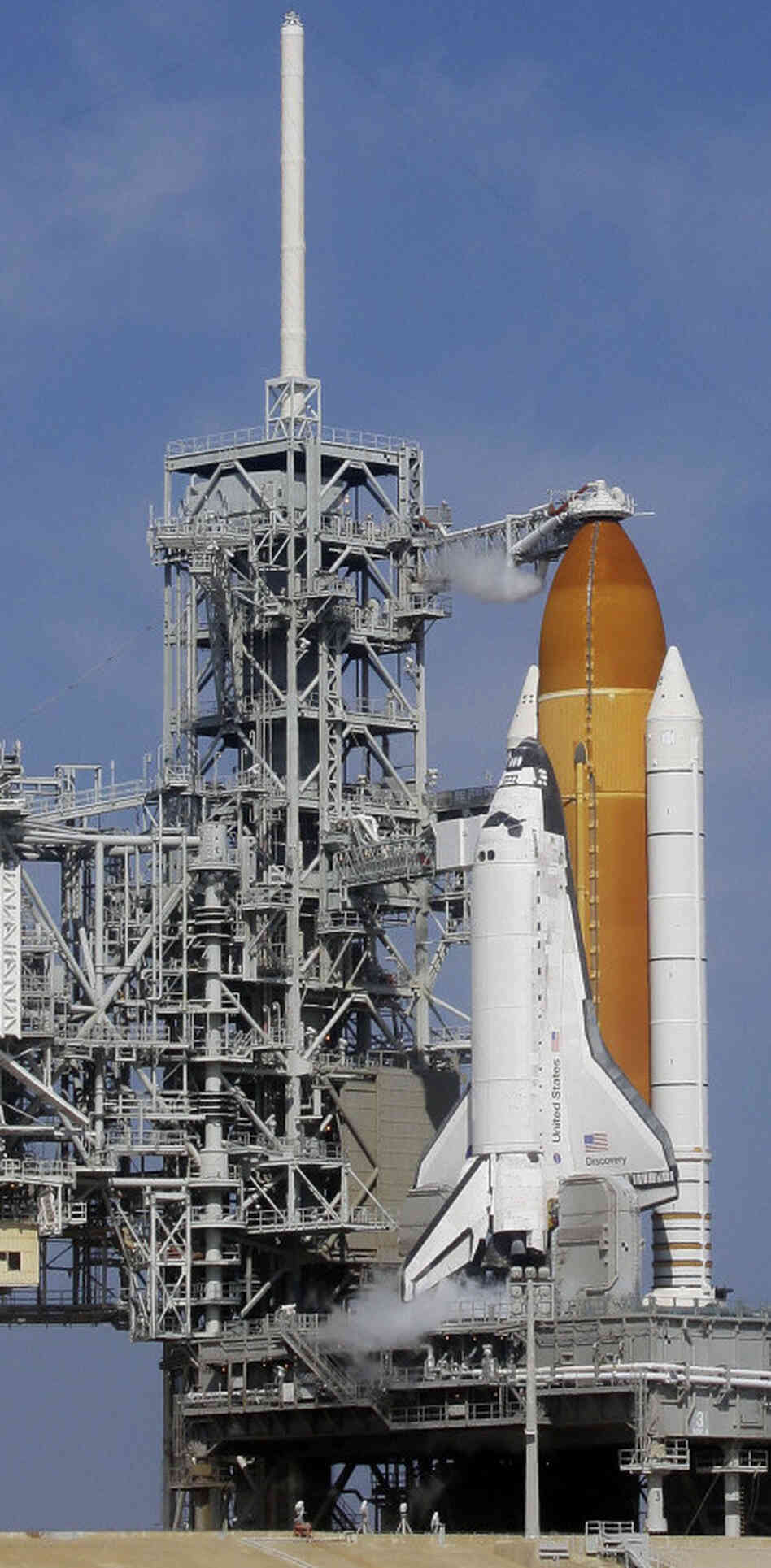 Discovery, on the launch pad earlier today (Feb. 24, 2011), at the the Kennedy Space Center in Cape Canaveral, Fla. Discovery, on the launch pad earlier today (Feb. 24, 2011), at the the Kennedy Space Center in Cape Canaveral, Fla.