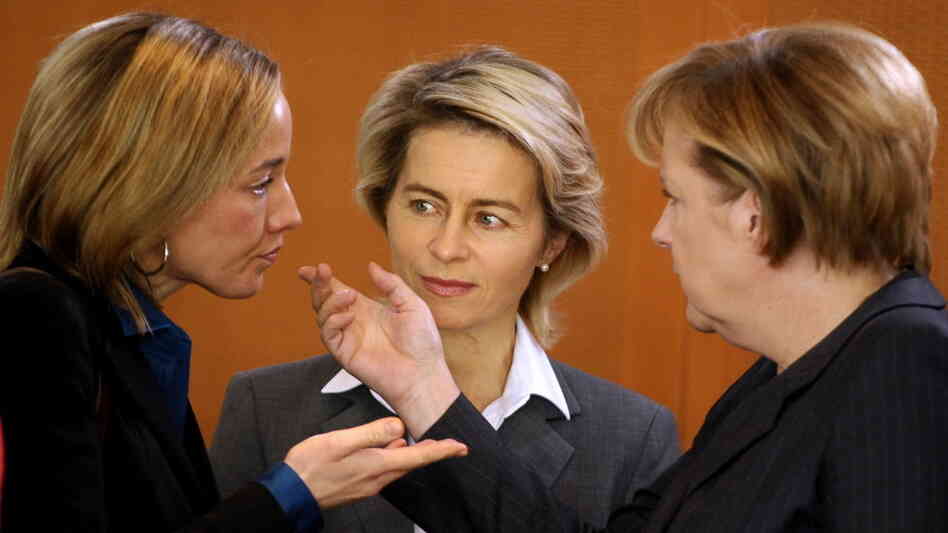 German Family Minister Kristina Schroeder (from left), Labor Minister Ursula von der Leyen and Chancellor Angela Merkel speak before a Cabinet meeting. Germany's 14-member Cabinet has five women, but women make up only 8.2 percent of the country's corporate board members. German Family Minister Kristina Schroeder (from left), Labor Minister Ursula von der Leyen and Chancellor Angela Merkel speak before a Cabinet meeting. Germany's 14-member Cabinet has five women, but women make up only 8.2 percent of the country's corporate board members.