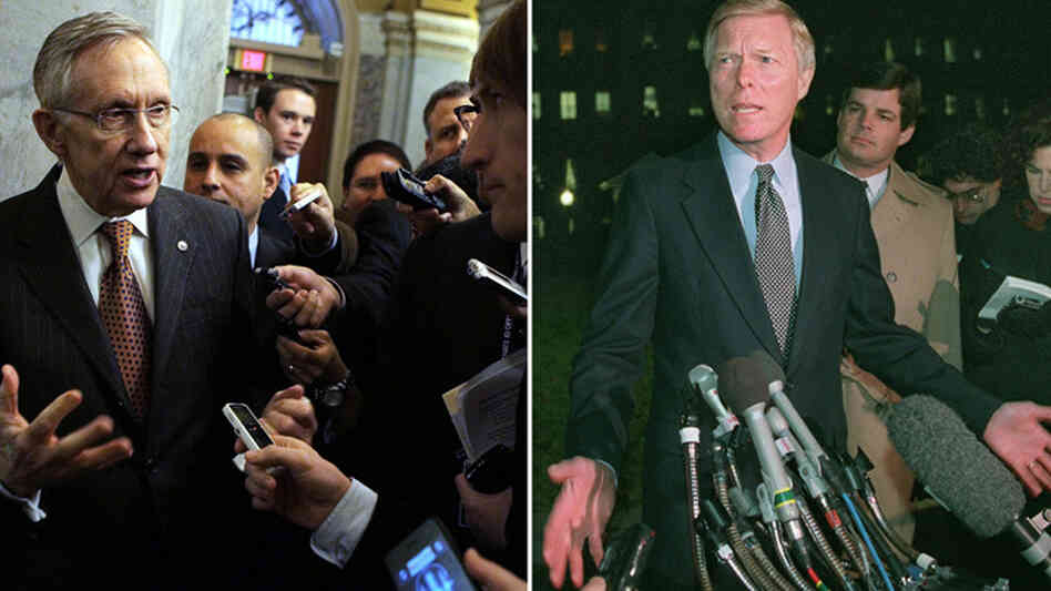 U.S. Senate Majority Leader Harry Reid of Nevada (left), shown earlier this month, and former House Minority Leader Richard Gephardt (D-MO), pictured on Jan. 4, 1996, speak with the media about the policies related to government shutdowns. U.S. Senate Majority Leader Harry Reid of Nevada (left), shown earlier this month, and former House Minority Leader Richard Gephardt (D-MO), pictured on Jan. 4, 1996, speak with the media about the policies related to government shutdowns.