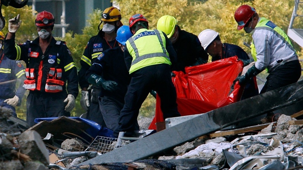 Emergency services personnel removed a body earlier today (Feb. 24, 2011) from the site of the CTV building in Christchurch, New Zealand.