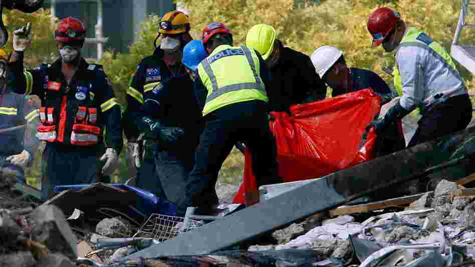 Emergency services personnel removed a body earlier today (Feb. 24, 2011) from the site of the CTV building in Christchurch, New Zealand.