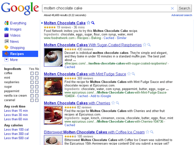 Variations On Chocolate Cake: Google's new Recipe View is designed to help cooks sift through recipes on the web. Here, the results for a search for Molten Chocolate Cake.