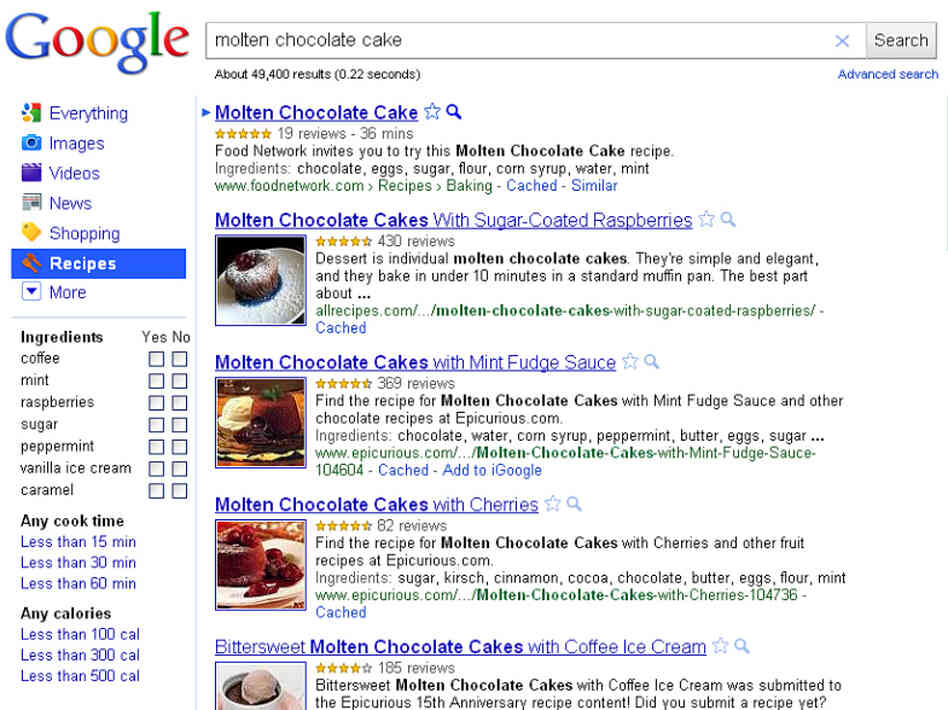 Variations On Chocolate Cake: Google's new Recipe View is designed to help cooks sift through recipes on the web. Here, the results for a search for Molten Chocolate Cake.