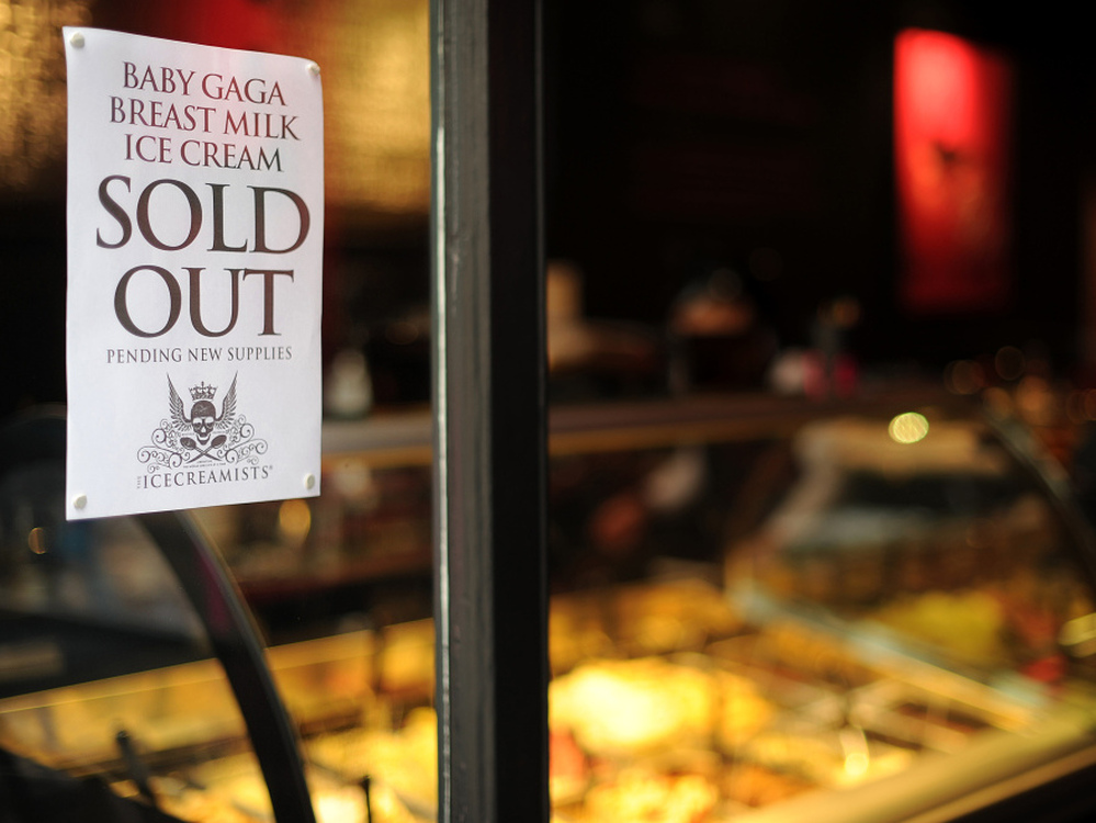 After it sold out of its first batch of breast milk ice cream, The Icecreamists store posted a sign promising customers that more "Baby Gaga" ice cream was on the way.