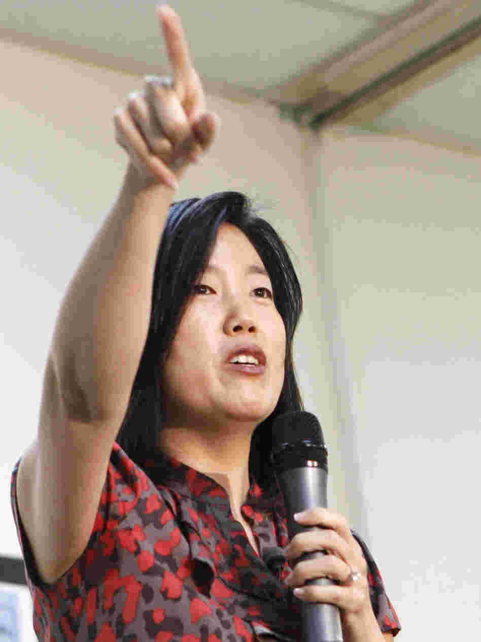 Michelle Rhee, former chancellor of Washington, D.C., public schools, speaks to staff and guests during a visit to a South Florida charter school in January.