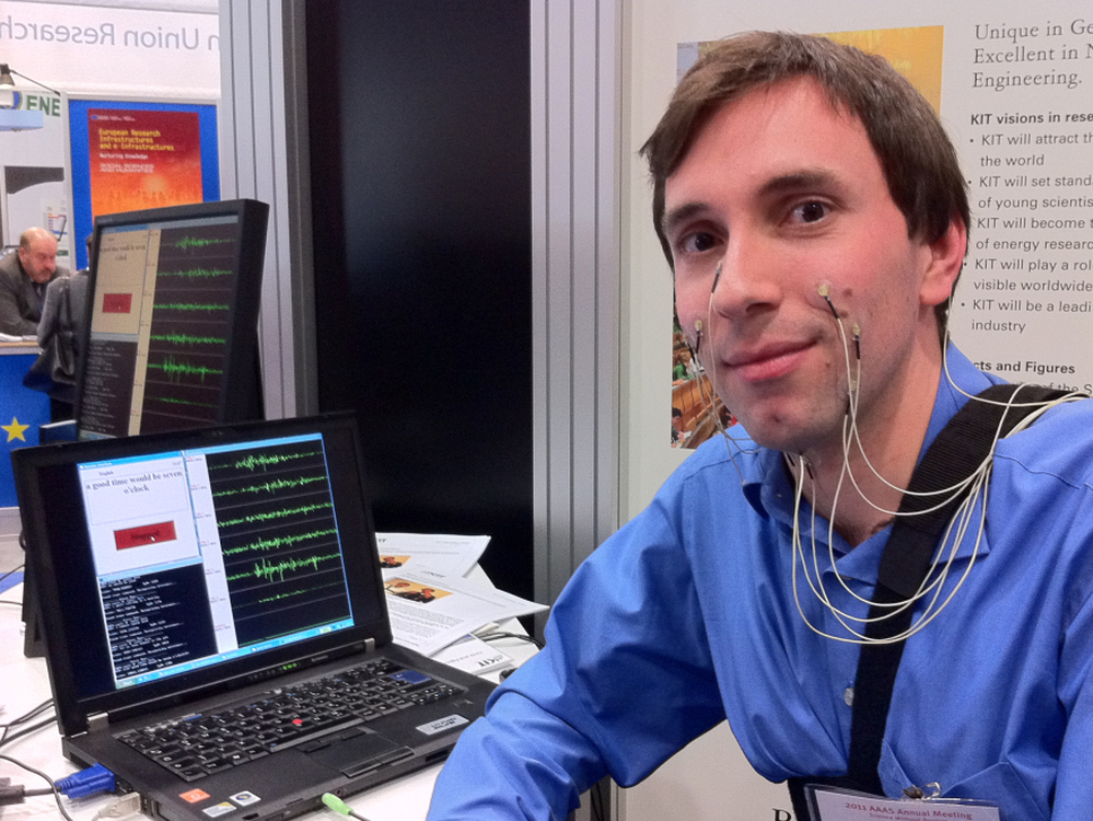 Michael Wand of the Cognitive Systems Laboratory at the Karlsruhe Institute of Technology in Germany demonstrates a technology that recognizes speech through muscle activity in the face rather than sound.