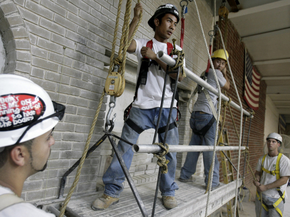 Participants work on their techniques and safety procedures during a suspended-scaffolding training class in New York. Construction incurred the most fatal injuries of any industry in the private sector in 2009, according to the Labor Department.