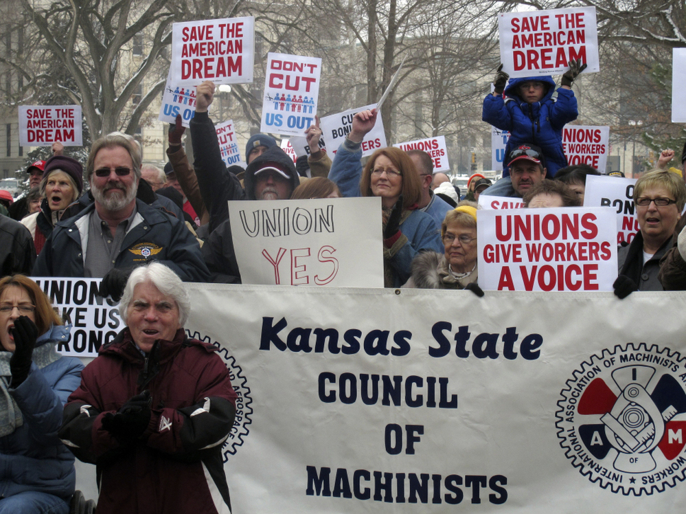Hundreds of Kansans participate in a pro-union rally in Topeka, Saturday, Feb. 26, 2011.