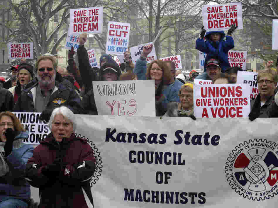 Hundreds of Kansans participate in a pro-union rally in Topeka, Saturday, Feb. 26, 2011.