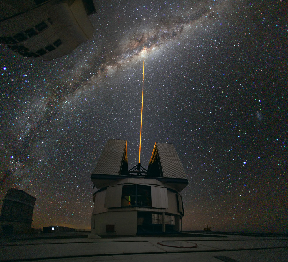 Astronomers observing the center of the Milky Way from the European Southern Observatory in Chile fire a laser into the heavens. The Laser Guide Star (LGS) is used as a reference to correct the blurring effect of the atmosphere on images.