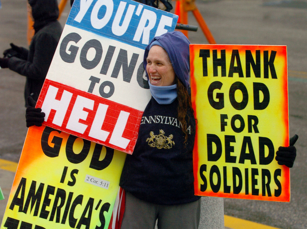 Shirley Phelps-Roper, a member of the Westboro Baptist Church, protests in Pennsylvania in 2006.