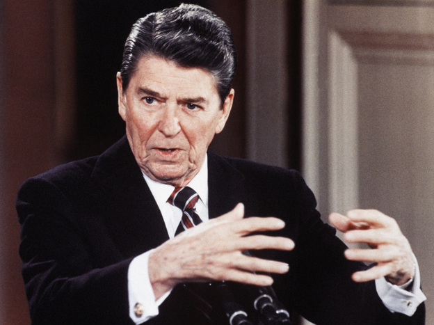 President Ronald Reagan gestures during a news conference at the White House in January 1986, when he said there was "irrefutable evidence" that Libyan leader Moammar Gadhafi was involved in airport attacks in Rome and Vienna in December 1985.