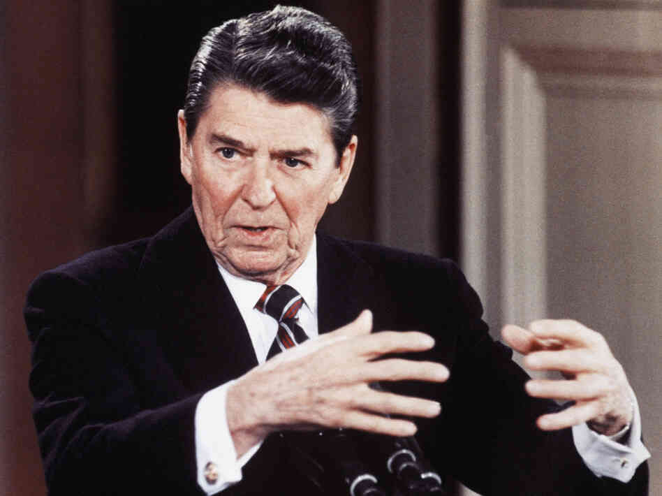 President Ronald Reagan gestures during a news conference at the White House in January 1986, when he said there was "irrefutable evidence" that Libyan leader Moammar Gadhafi was involved in airport attacks in Rome and Vienna in December 1985.