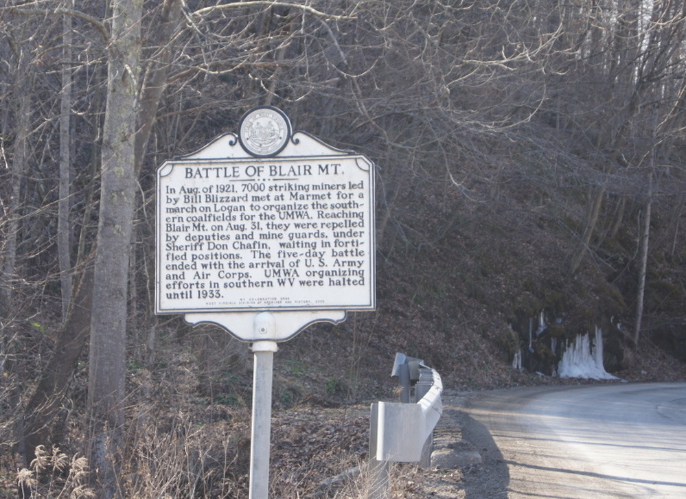 A sign commemorating the battle of Blair Mountain in Logan County, W.Va.