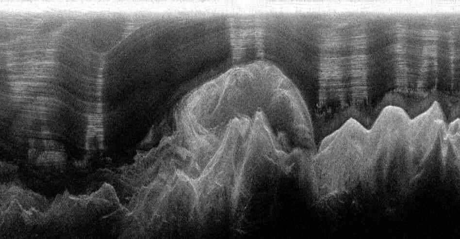 This ice-penetrating radar shows a plume of ice forming far below the ice surface. The sharp peaks at the bottom of the image are mountains, and the bulge in the center is an ice plume 1,100 meters thick. The normally flat ice layers above the mountains have been deflected 400 meters upward.