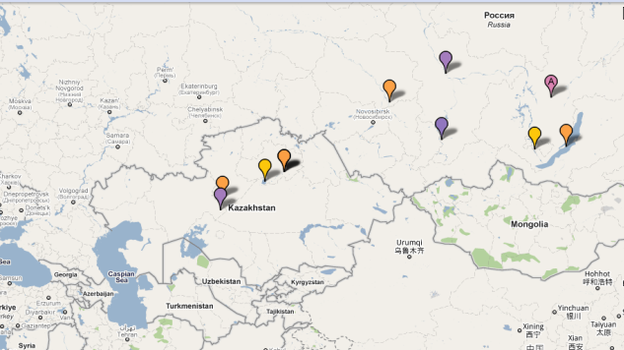 A map of flamingo sightings in Kazakhstan and Siberia.