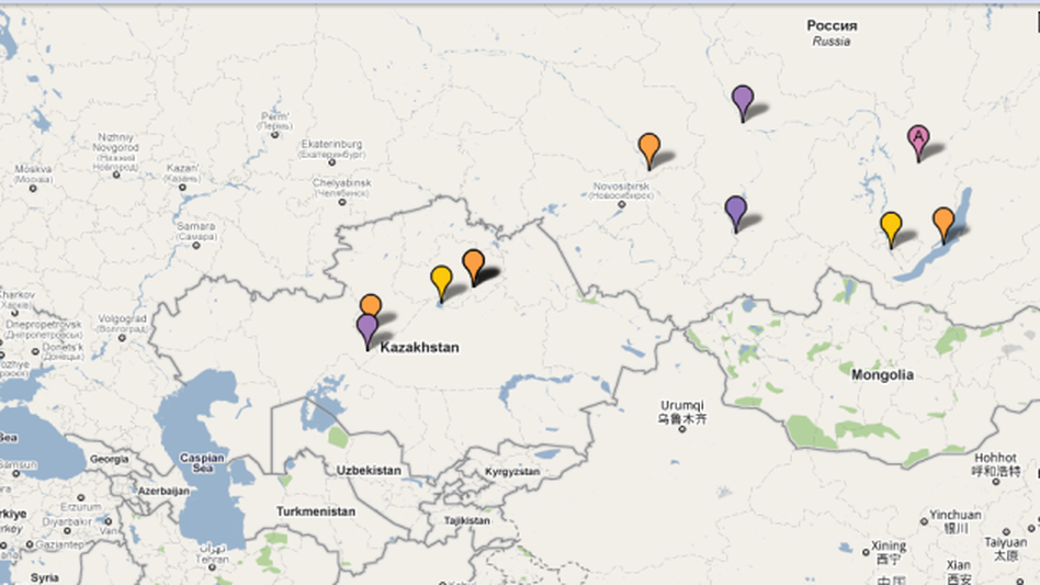 A map of flamingo sightings in Kazakhstan and Siberia.