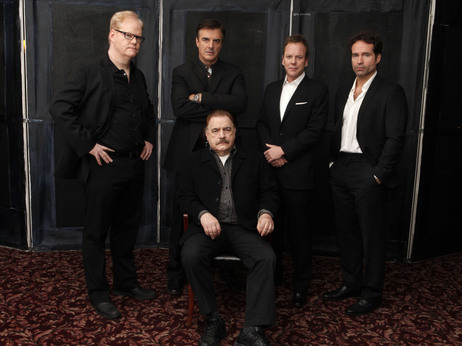 In this Jan. 13, 2011 photo, cast members of the Broadway play That Championship Season, from left, Jim Gaffigan, Chris Noth, Brian Cox, seated, Kiefer Sutherland and Jason Patric pose for a portrait in New York.