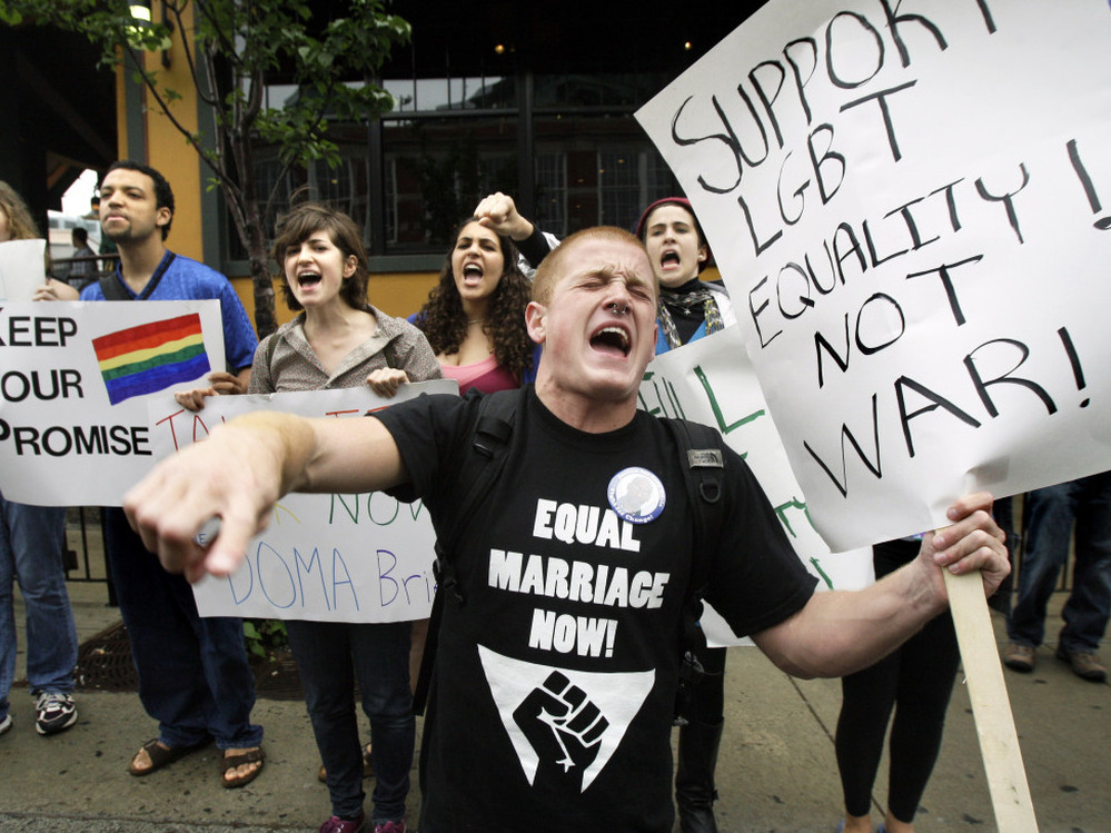 A protest against the Defense of Marriage Act outside a Democratic National Committee fundraiser in Boston at which Vice President Biden spoke, June 2009.