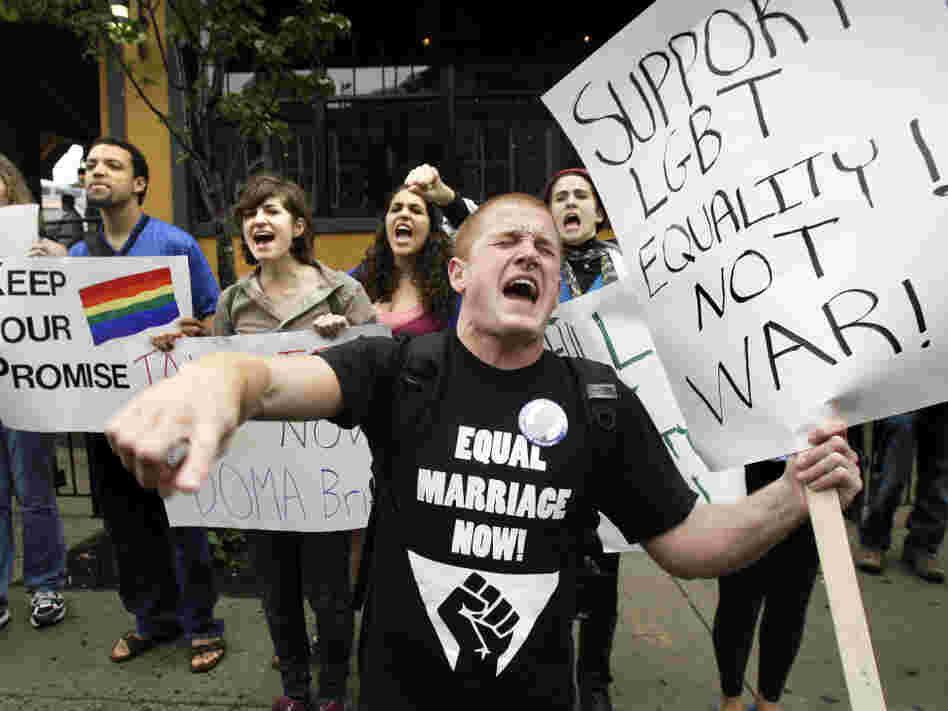 A protest against the Defense of Marriage Act outside a Democratic National Committee fundraiser in Boston at which Vice President Biden spoke, June 2009.