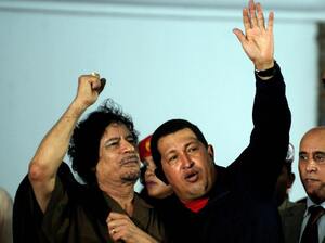 Libyan leader Moammar Gadhafi and Venezuelan President Hugo Chavez, greeting sympathizers in northwestern Venezuela in 2009. Recently, Chavez offered to mediate the dispute between anti-Gadhafi rebels and the Libyan leader, a proposal that was flatly refused by the rebels. Libyan leader Moammar Gadhafi and Venezuelan President Hugo Chavez, greeting sympathizers in northwestern Venezuela in 2009. Recently, Chavez offered to mediate the dispute between anti-Gadhafi rebels and the Libyan leader, a proposal that was flatly refused by the rebels.
