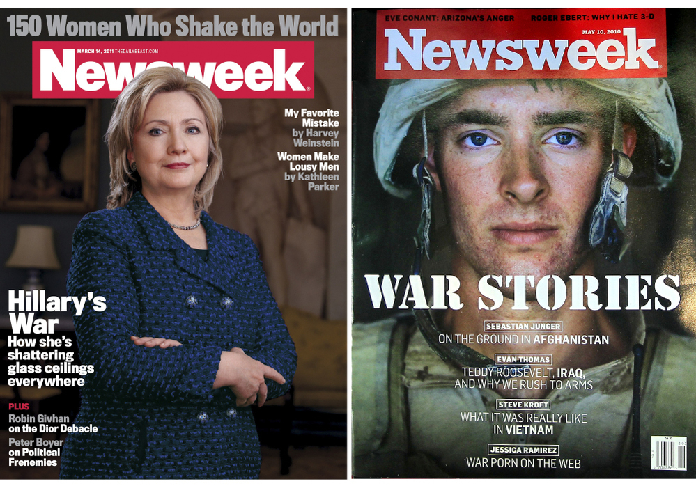 The redesigned cover of Newsweek features Secretary of State Hilary Clinton, left. At right, the magazine's cover last May, when it was put up for sale.