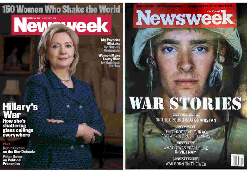The redesigned cover of Newsweek features Secretary of State Hilary Clinton, left. At right, the magazine's cover last May, when it was put up for sale.