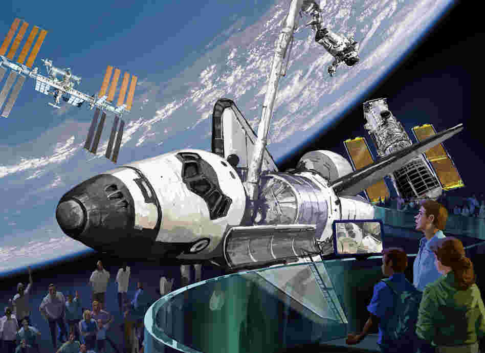 This concept illustration for the Kennedy Space Center Visitor Complex shows how a space shuttle might be displayed, if NASA decides to award one to the facility.