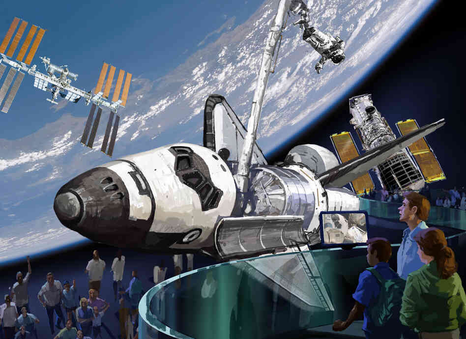 This concept illustration for the Kennedy Space Center Visitor Complex shows how a space shuttle might be displayed, if NASA decides to award one to the facility.