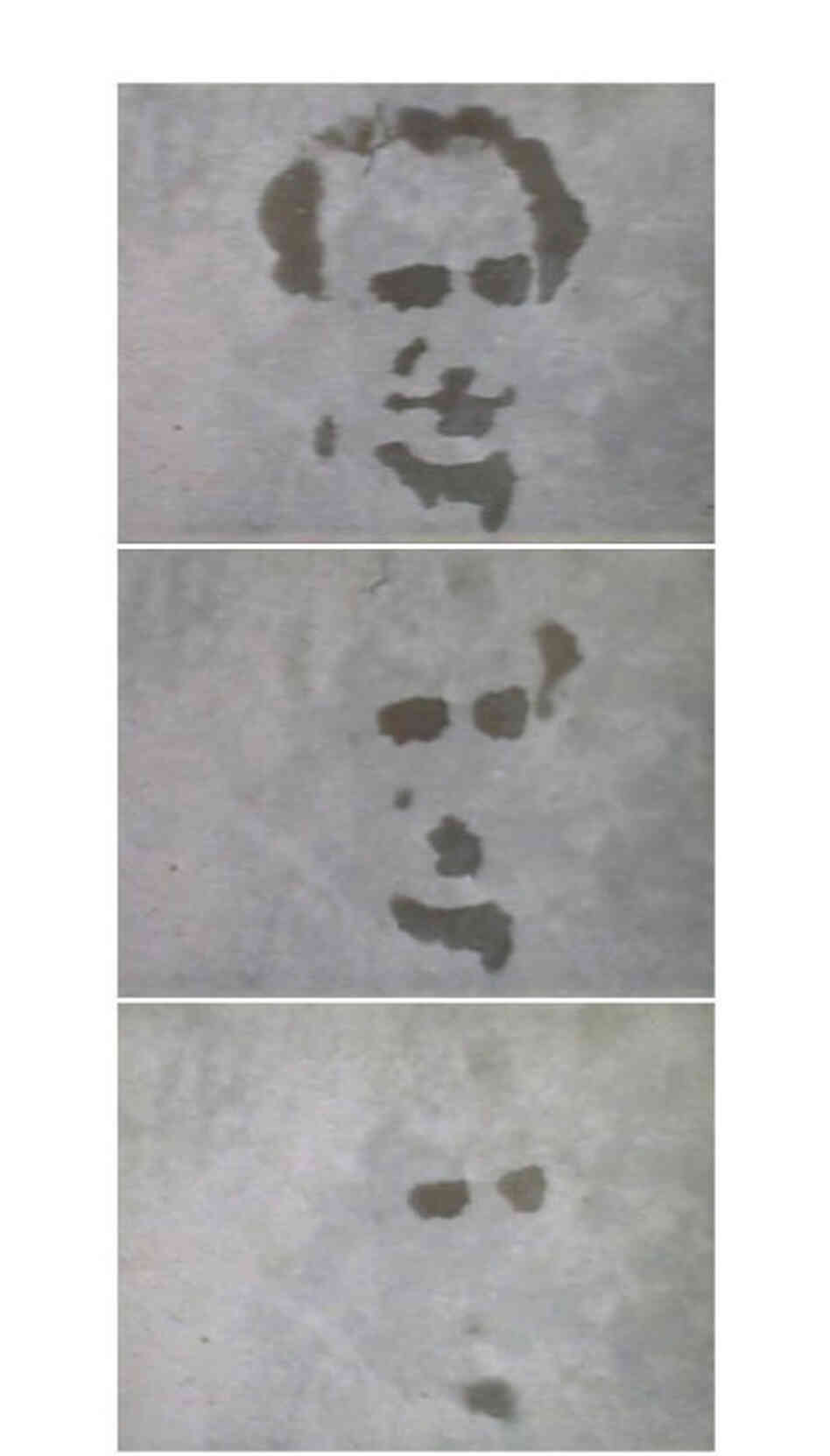 Colombian artist Oscar Munoz painted faces of kidnap victims on concrete and then filmed those images disappearing (evaporating) under the sun. Colombian artist Oscar Munoz painted faces of kidnap victims on concrete and then filmed those images disappearing (evaporating) under the sun.