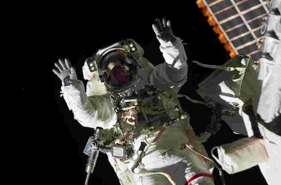 During the mission, astronaut Steve Bowen performed a spacewalk with fellow astronaut Alvin Drew to fix a pump on the International Space Station. Bowen is seen here strapped to a robotic arm.