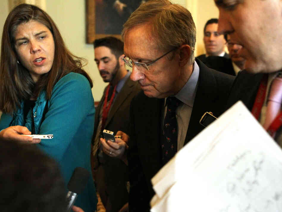 Senate Majority Leader Sen. Harry Reid (D-NV) speaks to  news media after spending bill votes, March 9, 2011.