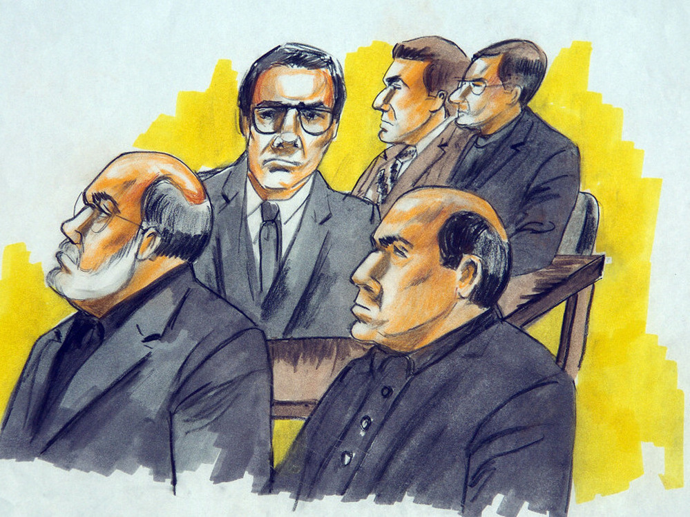 Defendants in the "Operation Family Secrets" trial included Frank Calabrese Sr. (clockwise from left), Joey Lombardo, Anthony Doyle, Paul Shiro and James Marcello. The men are pictured during an Aug. 15, 2007, court hearing in Chicago.