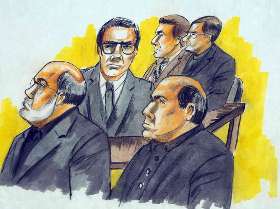 Defendants in the "Operation Family Secrets" trial included Frank Calabrese Sr. (clockwise from left), Joey Lombardo, Anthony Doyle, Paul Shiro and James Marcello. The men are pictured during an Aug. 15, 2007, court hearing in Chicago.
