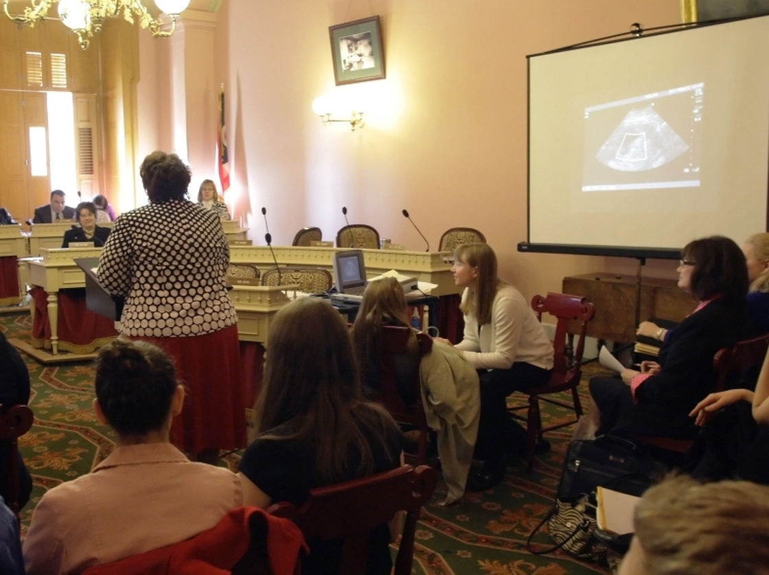 Ducia Hamm, standing, of the Ashland Care Center in Ohio, testifies on House Bill 125.