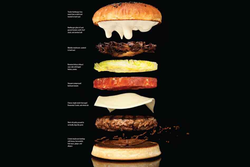 The book's instructions for the perfect cheeseburger deconstructs its elements — providing directions for grinding the beef and "smoking" the lettuce.