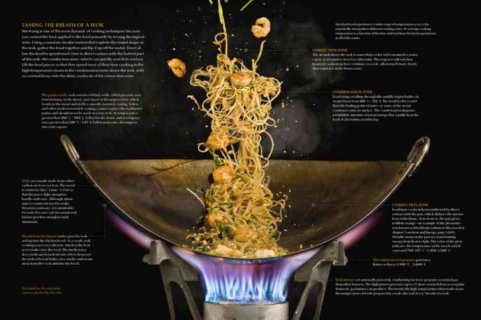 There are 36 annotated cutaways in the book. This diagram explains in detail how stir fry cooks — a combination of being tossed in the air and using high heat from below.