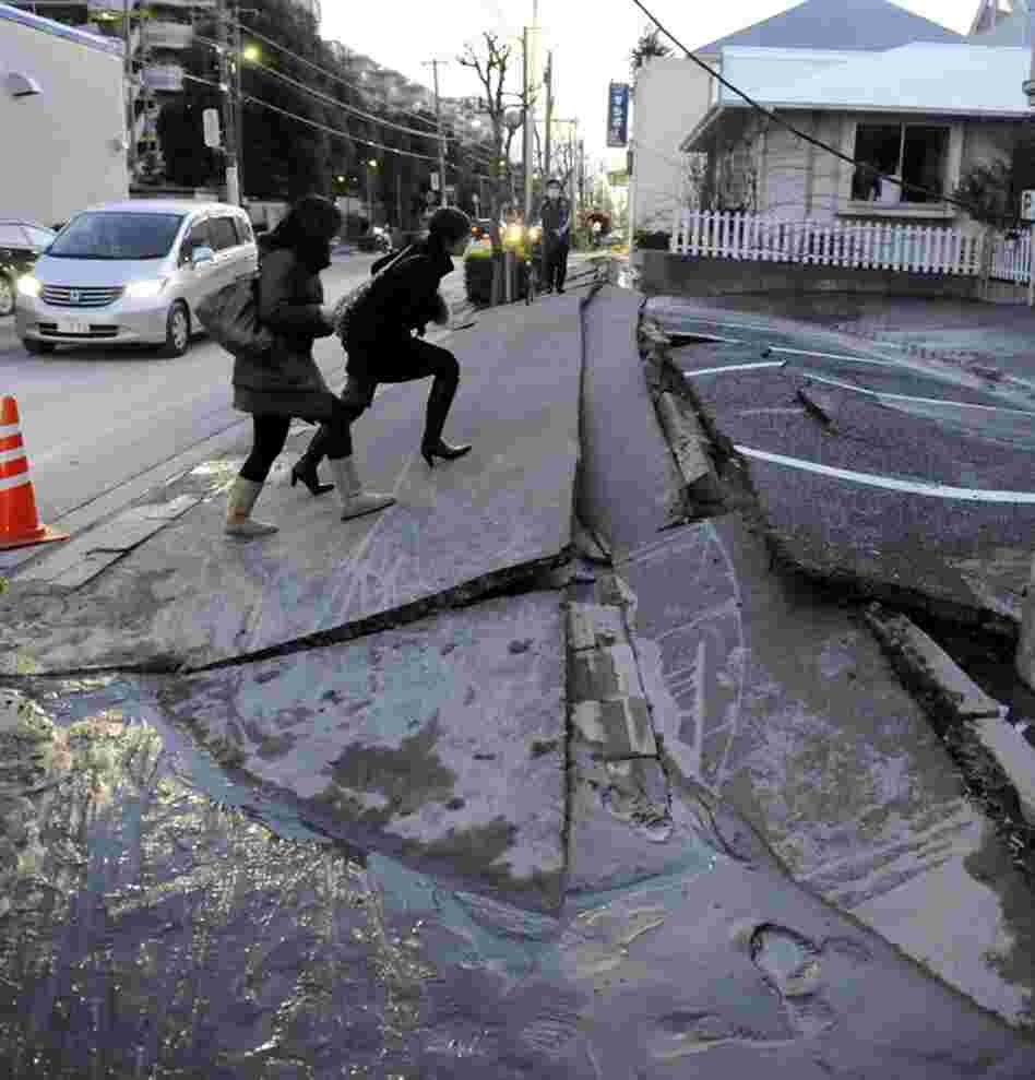 A pedestrian road collapsed in Urayasu city, Chiba prefecture. 